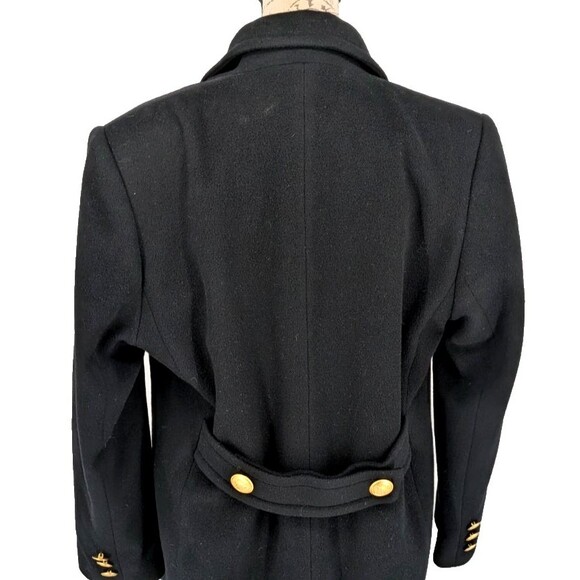 VTG Womens Black Wool Coat LARGE Gold Military Style Buttons Double Breasted - Picture 10 of 13